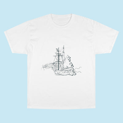 Sailing Ship Sketch T-Shirt — Minimal Nautical Line Art Tee